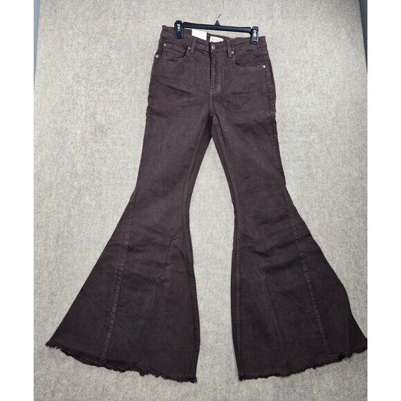 Shyanne High Rise Flare Brown Jeans W31 L34 Retro Frayed Hem Stretch Denim Pants - Picture 1 of 12